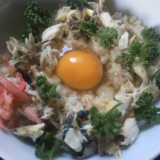 ほぐし鯖と、パセリの卵かけ玄米ご飯